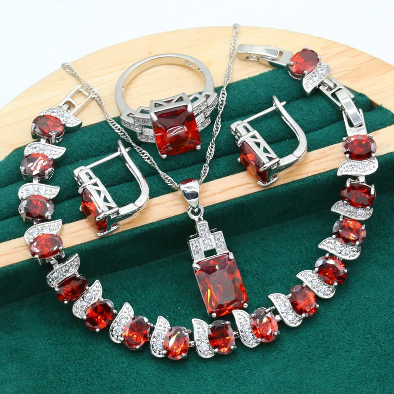 Geometric Silver Color Jewelry Set for Women Wedding Red Zircon Bracelet Earrings Necklace Pendants Ring Christmas Gift