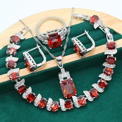 Geometric Silver Color Jewelry Set for Women Wedding Red Zircon Bracelet Earrings Necklace Pendants Ring Christmas Gift