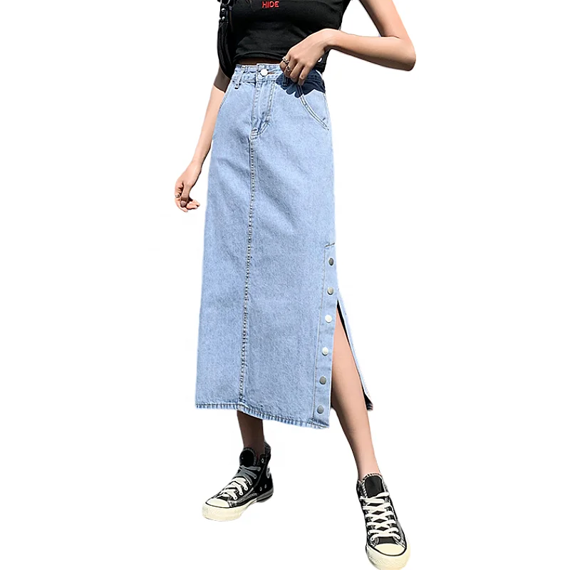 2023 Women Ripped Midi Denim Skirt in Cotton Class Washed Denim Mini Skirts Ladies midi skirt
