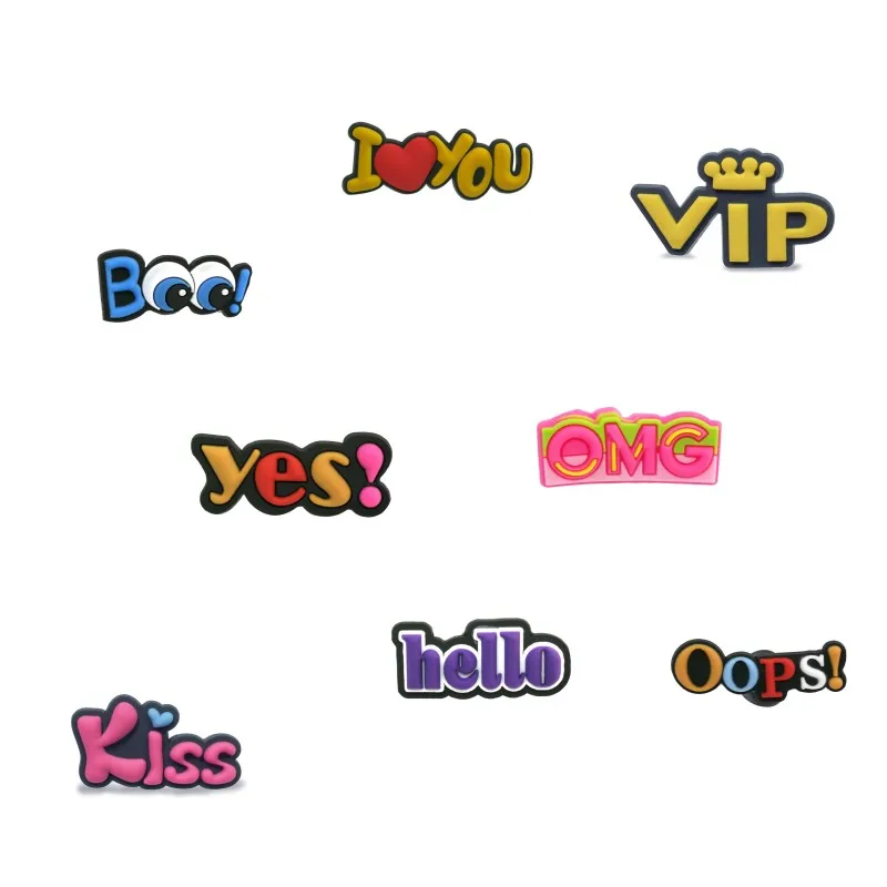 
Custom Soft Rubber Pvc Shoe Charms Popular Words Baby Accessories jibit z For Croc Shoes Hello Yes Omg Kiss Vip Oops 