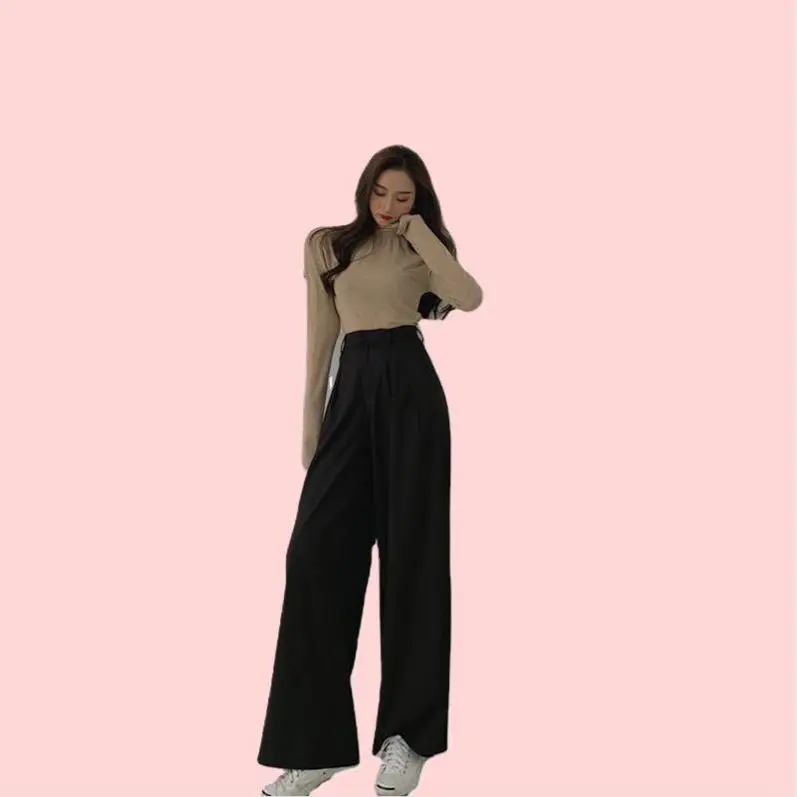 2024 Spring New Korean Fashion High Waist Casual Long Pants Female Retro Solid Color Wild Straight Wide Leg Design Zipper