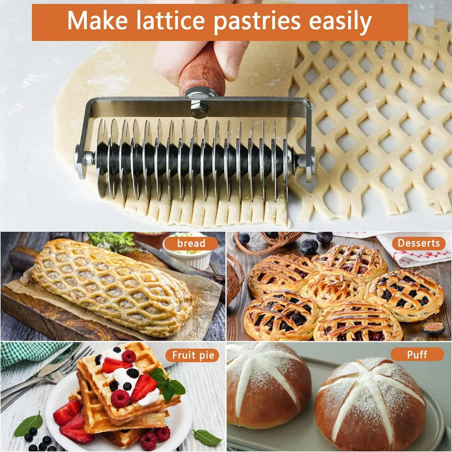 Lattice Cutter Dough Lattice Roller Cutter Baking Tool Cookie Pie Pizza Bread Pastry Crust Roller Cutter with Wood Handle