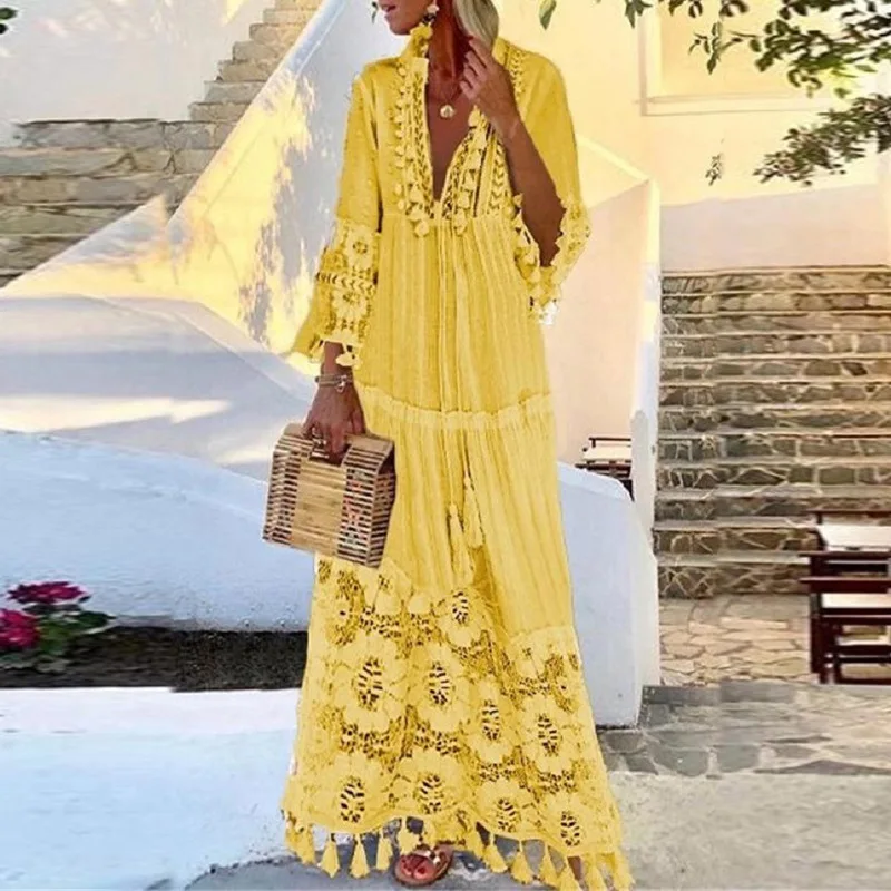 Cotton Long Dress Long Maxi Elegant Casual Bohemian Style Lace Tassel Stitching Beach Dress