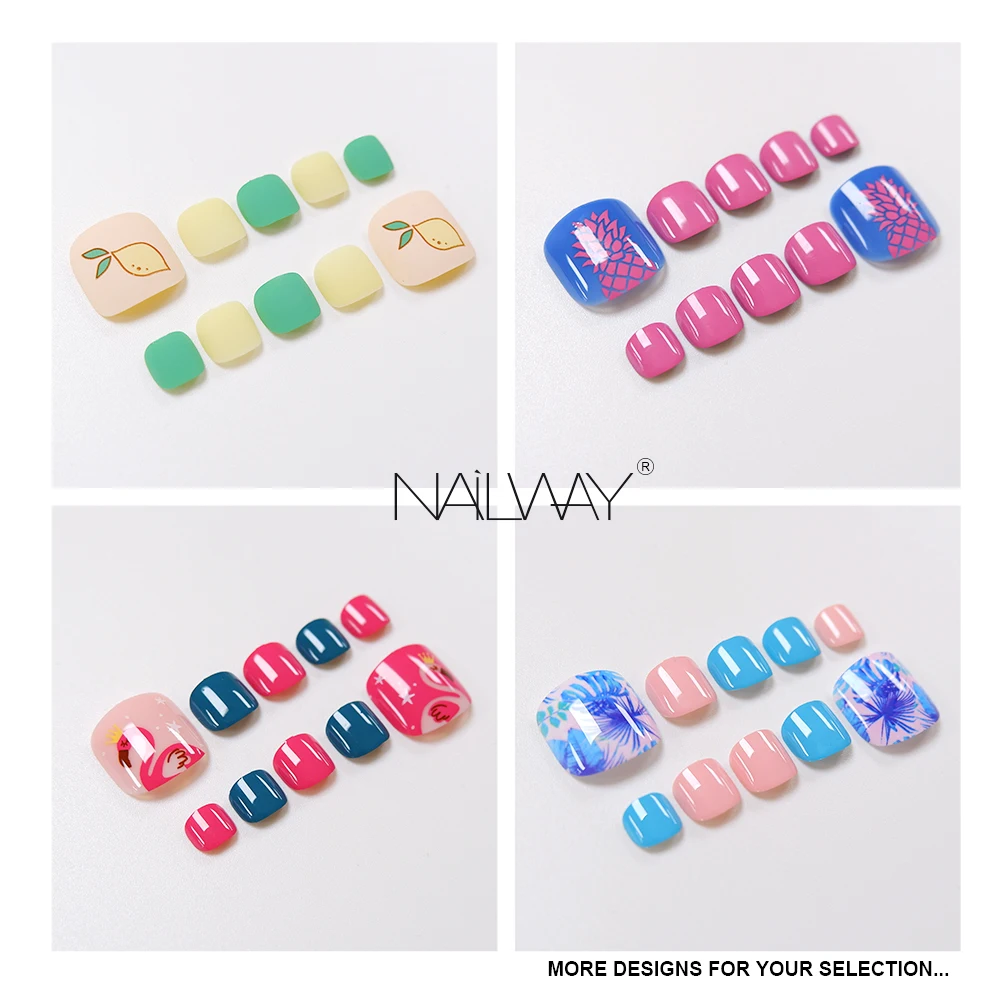2021 New Factory Fruit Printing Stick on Nails Colorful Toe Matte False Press on Toe Nails
