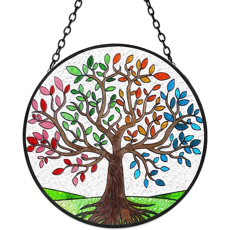 Tree of Life Stained Glass Suncatcher Colorful Leaves Window Wall Hanging Ornament Hand-Painted Glass Panel Decor