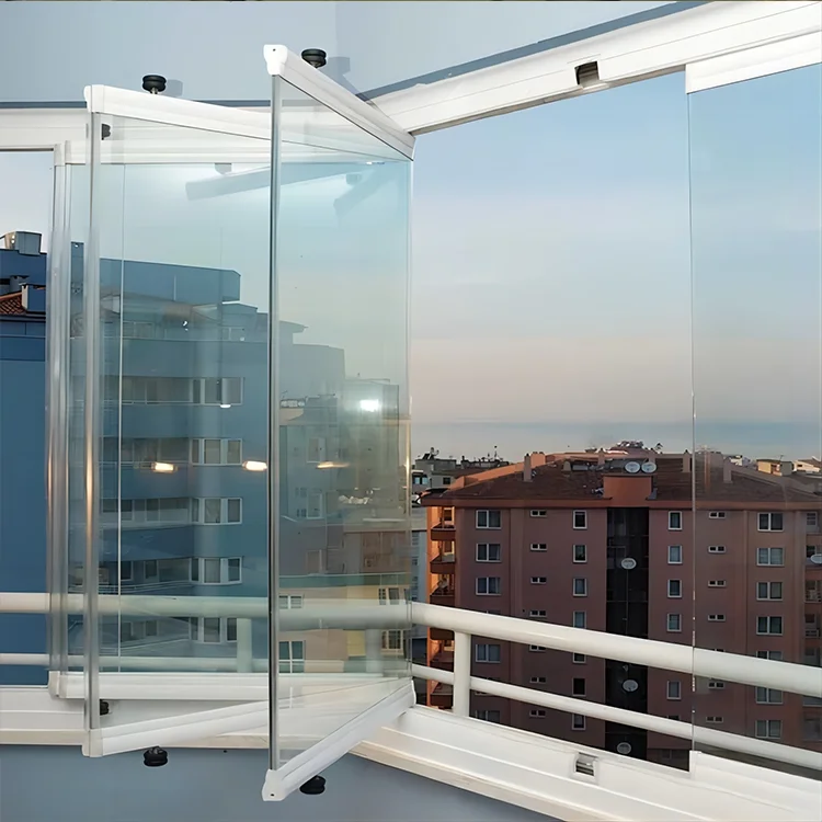 Customized single frameless Glass Aluminum Folding Windows Accordion Horizontal Bi Folding Window