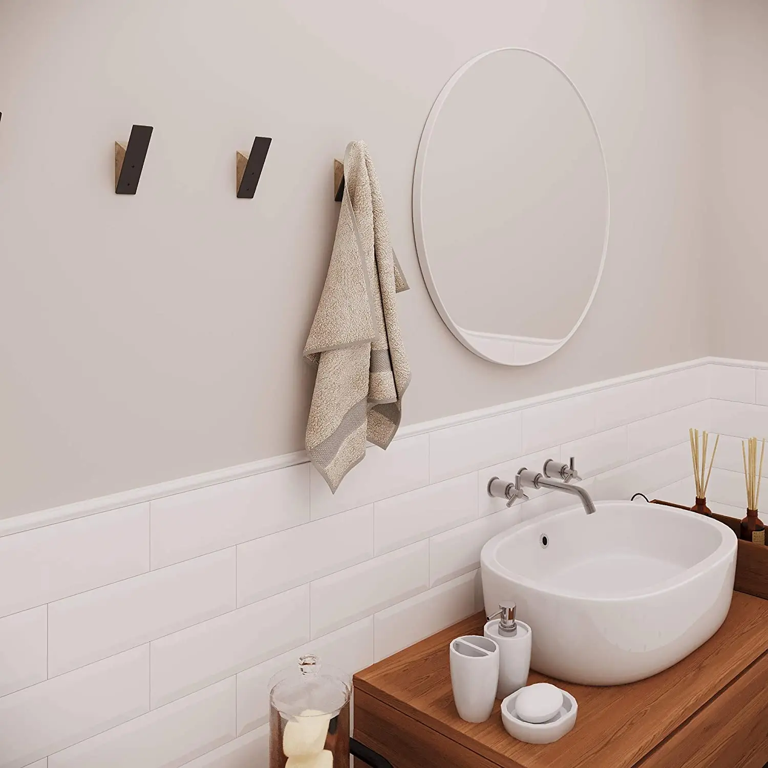 Set of 3 Black Walnut Wood and Black Metal Coat Hook Rack Wall-mounted Wood Craft for Hanging Coats