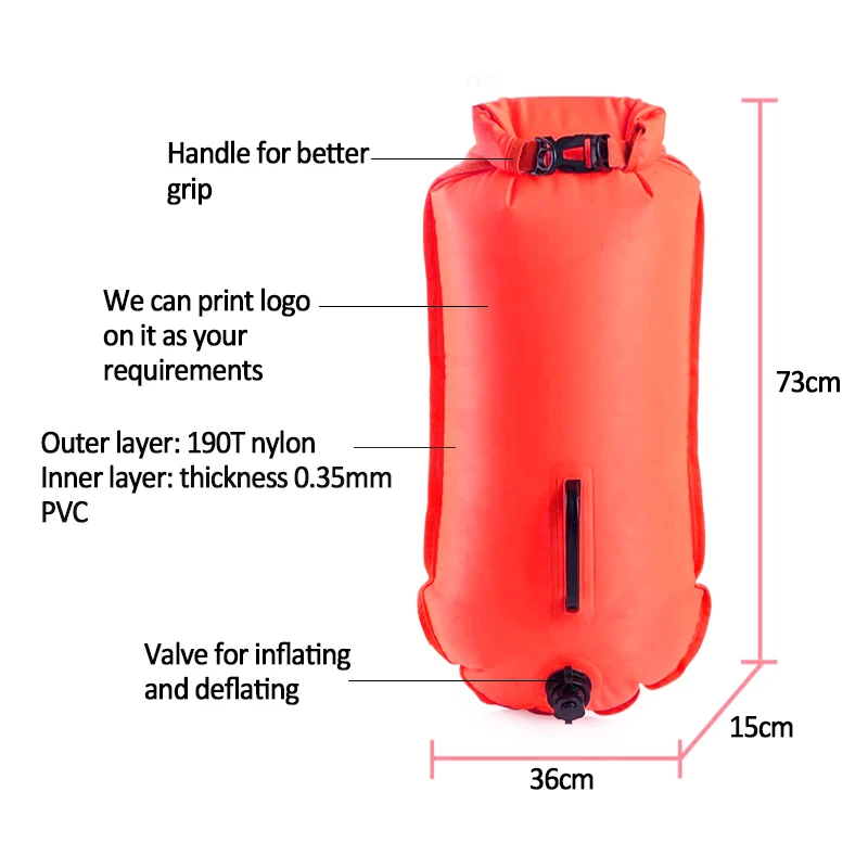 Custom Logo Swimming Training Aid 28L Dry Bag Waterproof PVC Dry Bag, Inflatable Swim Buoy Safe Swim Buoy