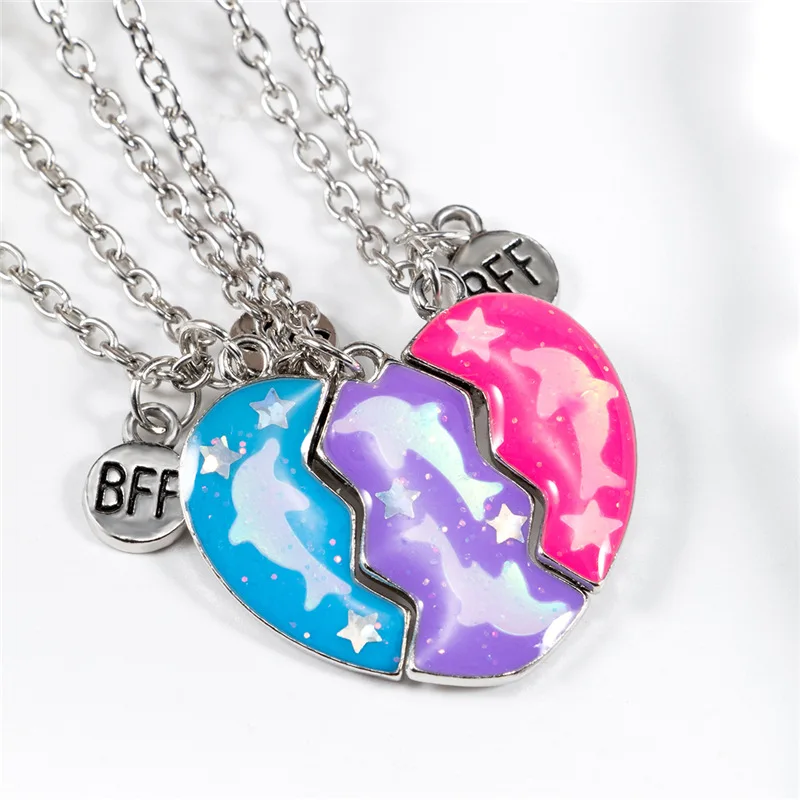 Friendship Necklace Best Friend Necklace for 3 Girls Magnetic Matching Heart Pendant BFF Dolphin Necklaces