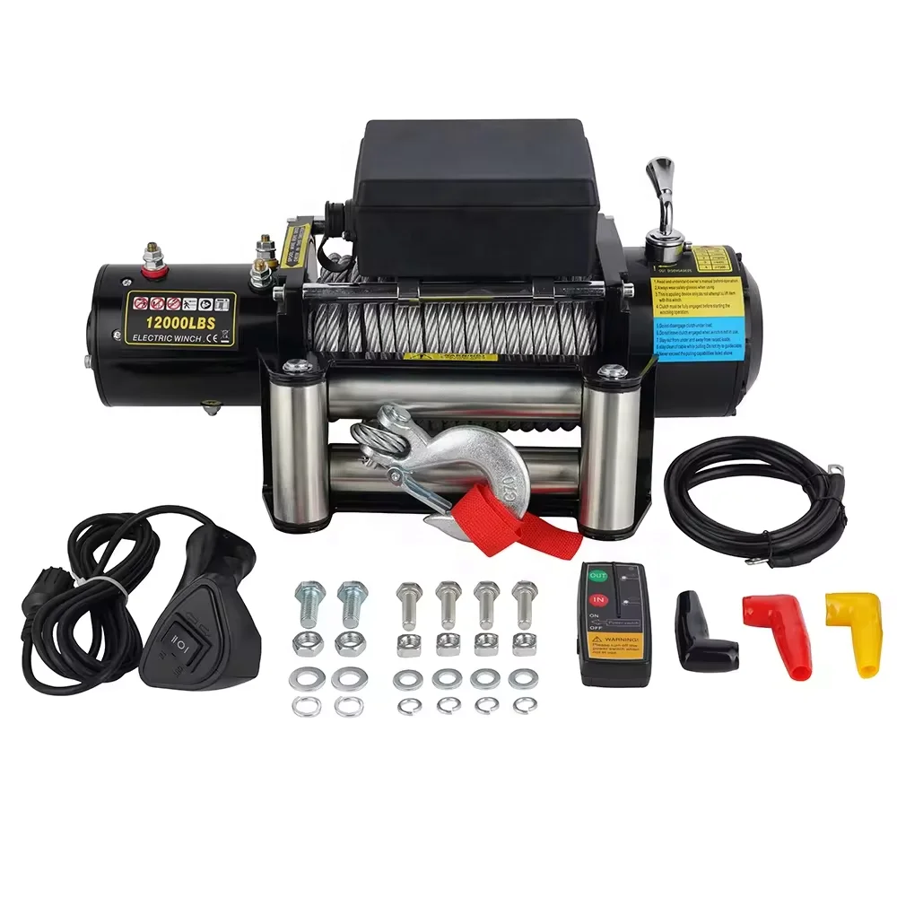 4x4 Electric rescue winch 12000 lbs heavy duty 12v electric winch self rescue dc long rope electric cable pulling winch