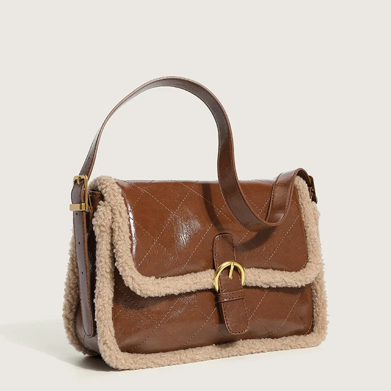 Factory Custom Faux Fur Satchel Shoulder Bag Brown Geometric PU Leather Sling Bags For Women Girls