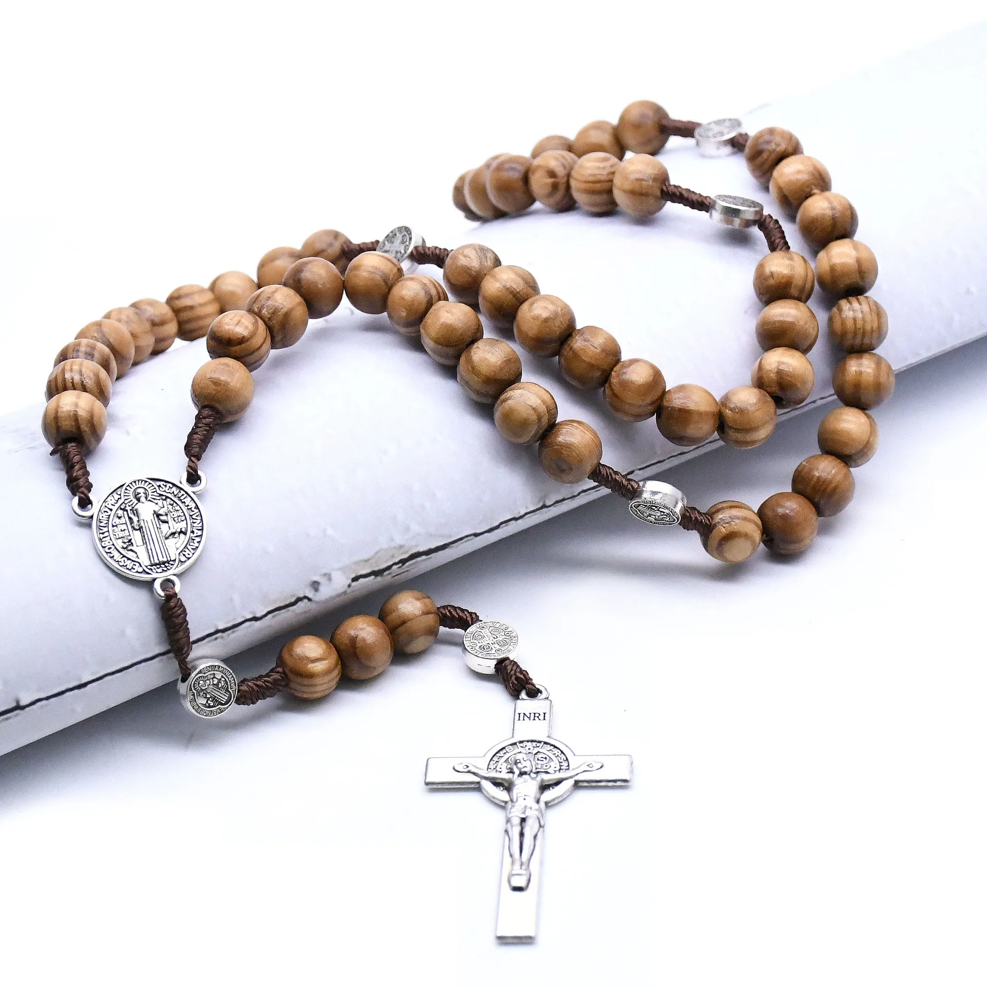 Saint Benedict Religious Rosary 7x8mm Wood Beads Cross Necklace Catholic Rosaries