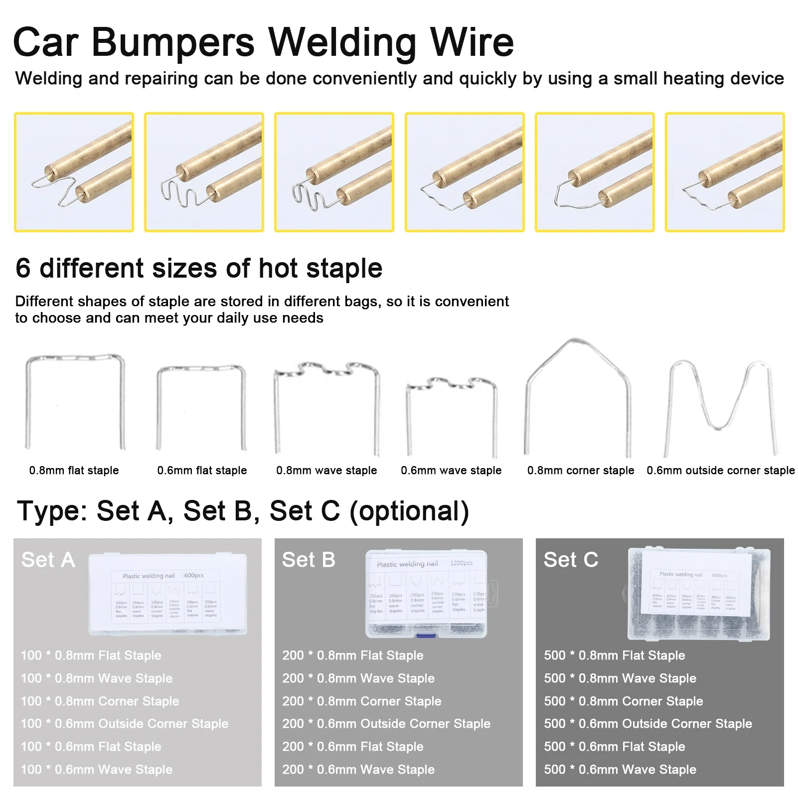 1200pcs Car Bumpers PVC Appearance Mending Repairing Plastic Welding Machine Wire Welders Studs Repairing Staples