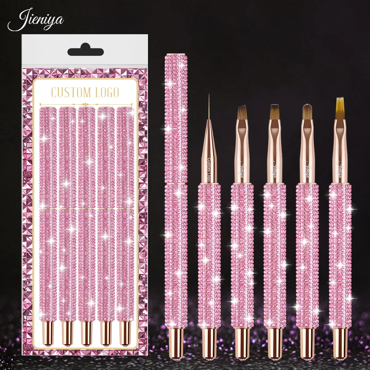 popular Nail salon brush metal handle with pink bling Rhinestones nail brush sets for girls nail designs 2024