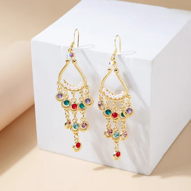 European and American ethnic style retro elegant temperament ear hook rainbow Bohemian devil eye crystal earrings for women