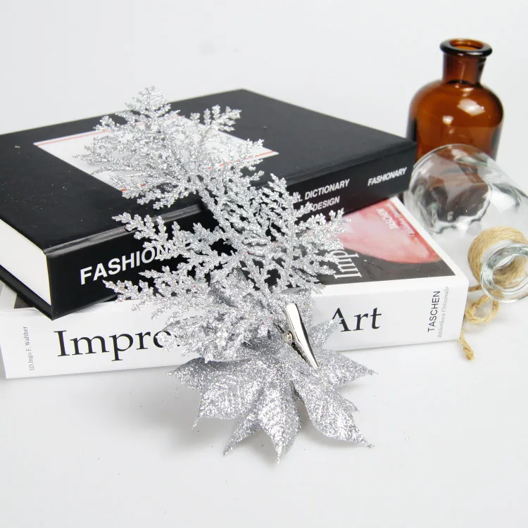 Artificial poinsettia stem with  glitter for Christmas tree decor manufacturer wholesale