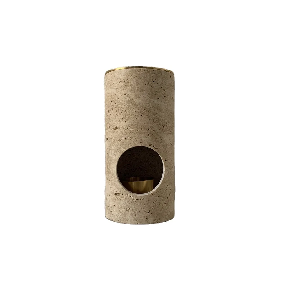 Popular Matte Beige Travertine Marble Cylindrical Stone Essential Oil Burner Holder