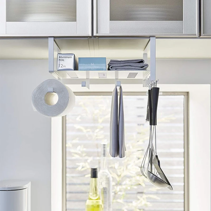 With hook steel unique cupboard Hanging Basket Shelves Under Rag Roll paper organization holder Kitchen utensils storage rack