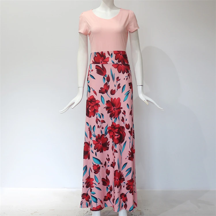 Hot sale women summer dress flower print plus size patchwork high waist ladies maxi dress