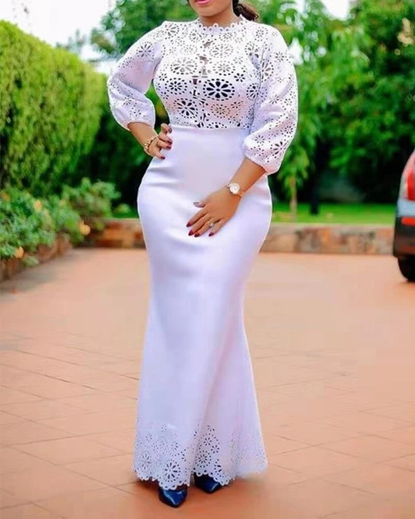 2021 New Plus Size Supper Traditional African Dress Long Wedding Dress White Printed Flower Bodycon Long Maxi Dress