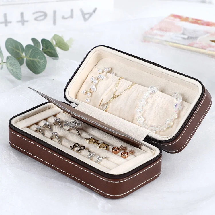 Direct Supply Acrylic Modern Leather Packaging Black Mini Jewelry Storage Zipper Box For Earring Ring Organizer trinket box
