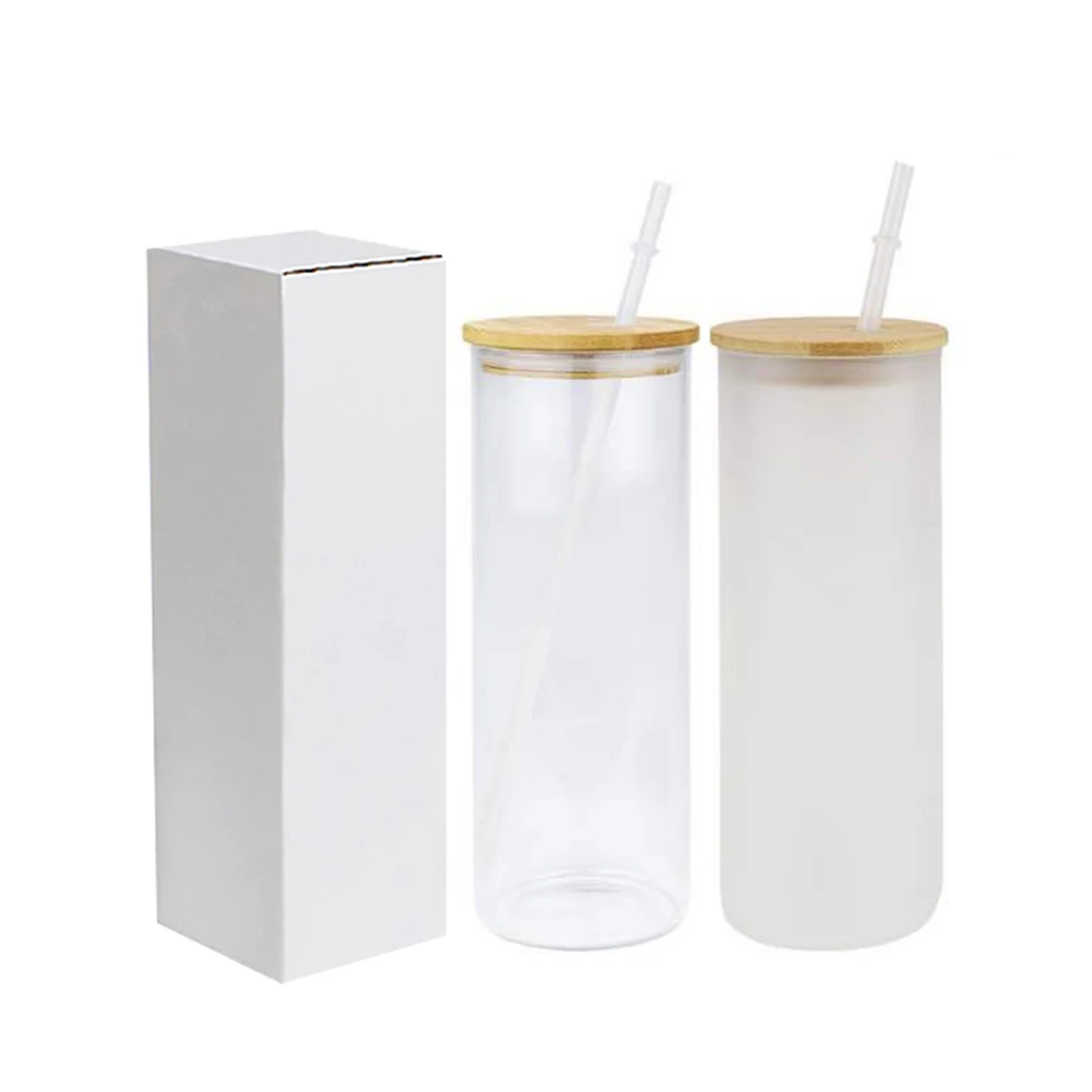 Amazon Hot sale 25oz  frosted clear Sublimation iced coffee beer straight glass tumbler with lid and straw