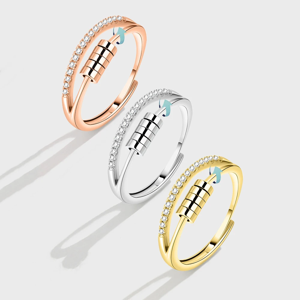 Trendy Fine Jewelry S925 Sterling Silver Female Spin Five-Ring Rotatable Fidget Reduce Anxiety Bead Index Finger Ring