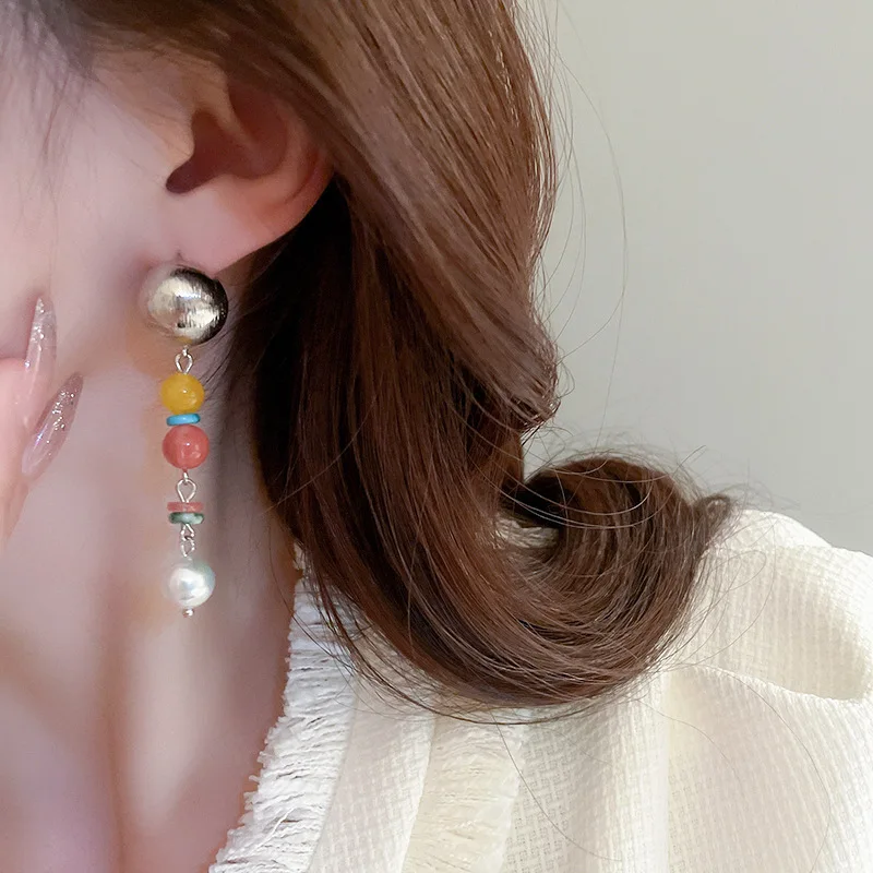 fashion quality agate pearl tassel chain earring women