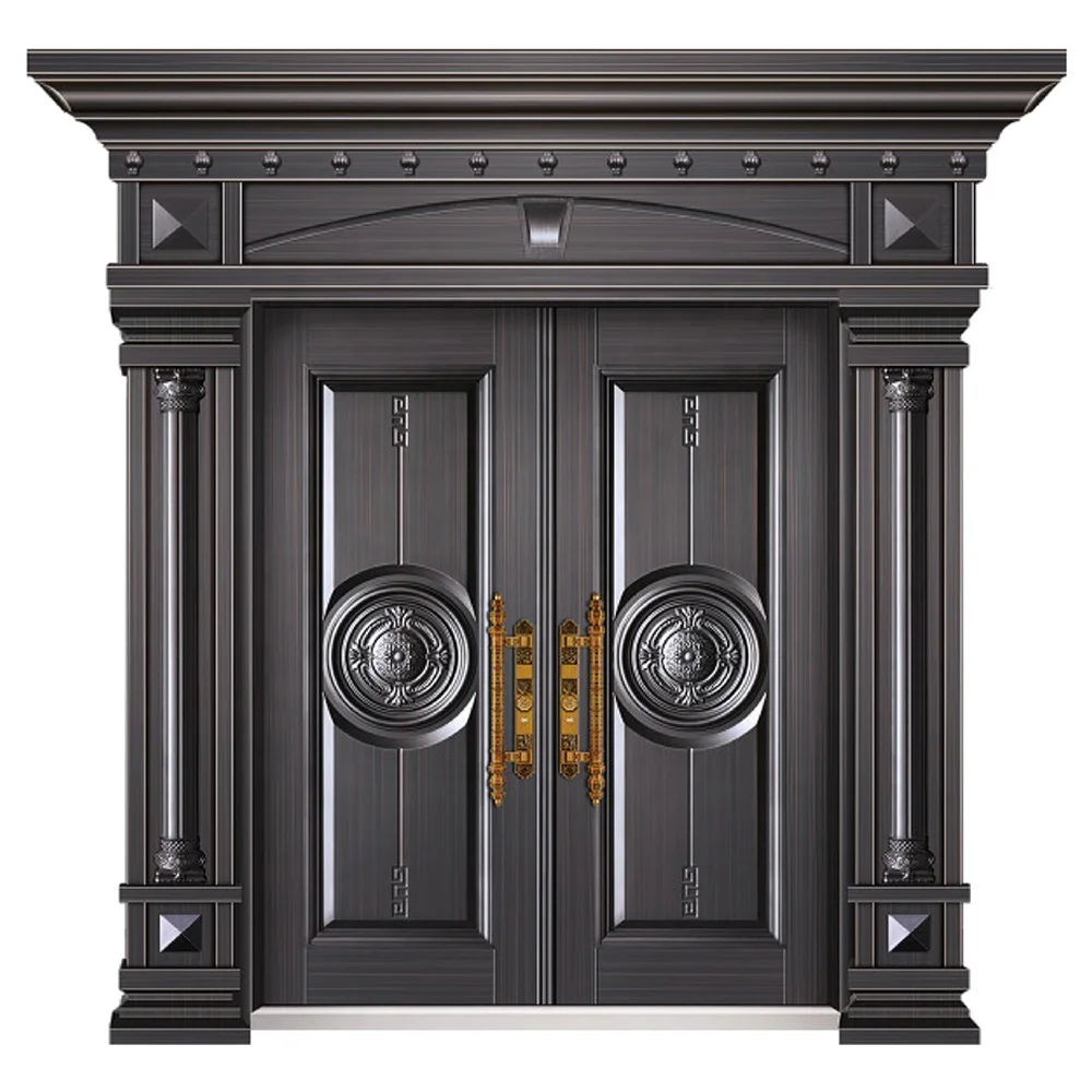 Custom size Bullet Proof House Villa Main Gate Copper Painting Entry Door Luxury Zinc Alloy Steel Double Door