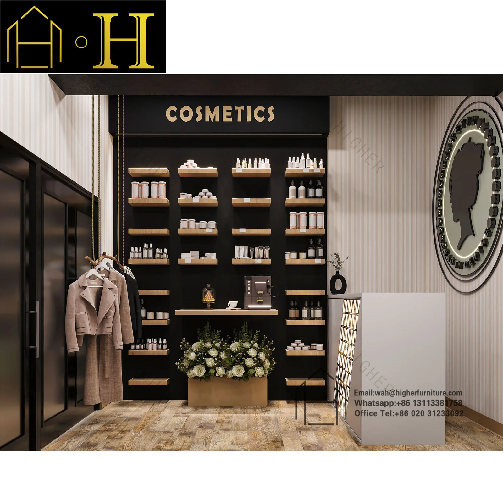 Retail Makeup Display Shelves Skincare Shop Interior Store Design Wooden Cosmetic Shop Furniture Design