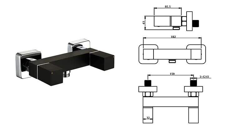 OMASA two holes wall mounted matt black  zinc handknobs brass bathroom shower hot cold mixer