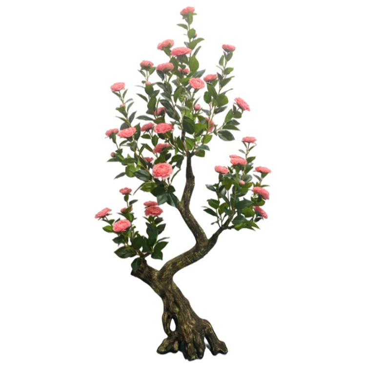 Wholesale Factory Direct Sale Plastic Pink Camellia Tree Simulation Potted Artificial Silk Rose Flower Plant Hibiscus Tree