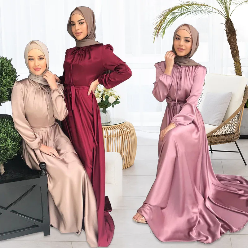 Hot Sale Women Elegant Satin Long Dress 2022 Soft Corset Faux Silk Loose Abaya Muslim Robe Bat Dress