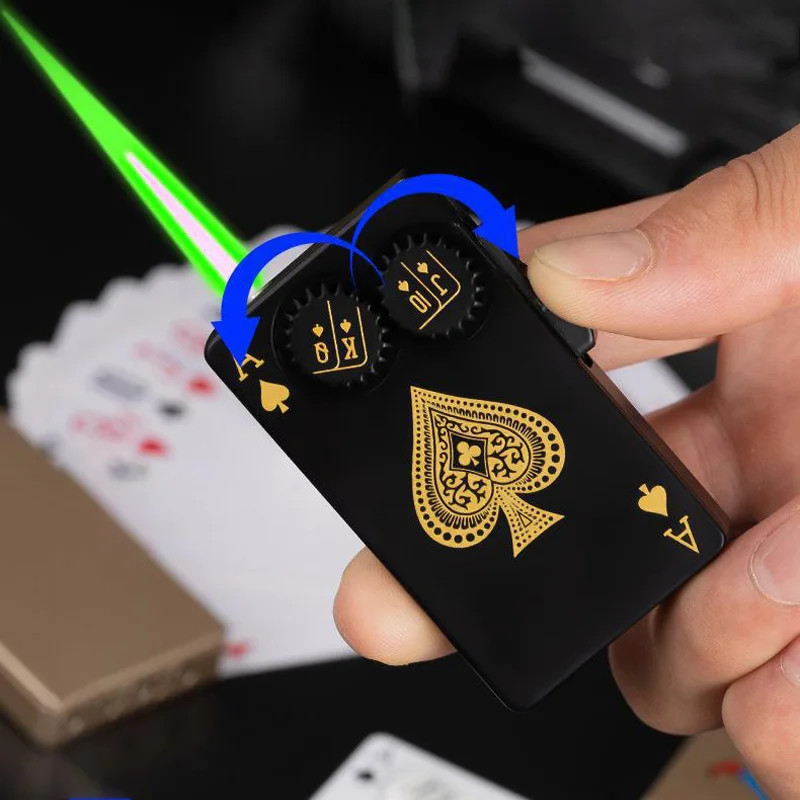 Unique Luminous Ace Of Spades Playing Card Lighter Metal Windproof Green Flame Rotatable Gear Poker Card Lighters