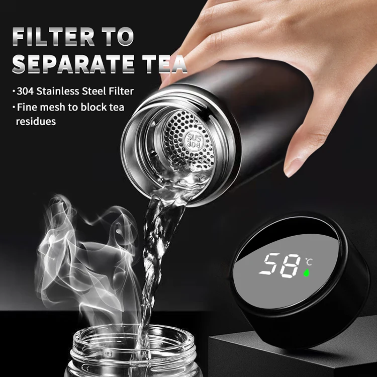 Stainless Steel Double Wal Insulated Tea Infuser Bottle LED Thermal Cup Digital Temperature Display Smart Water Bottle