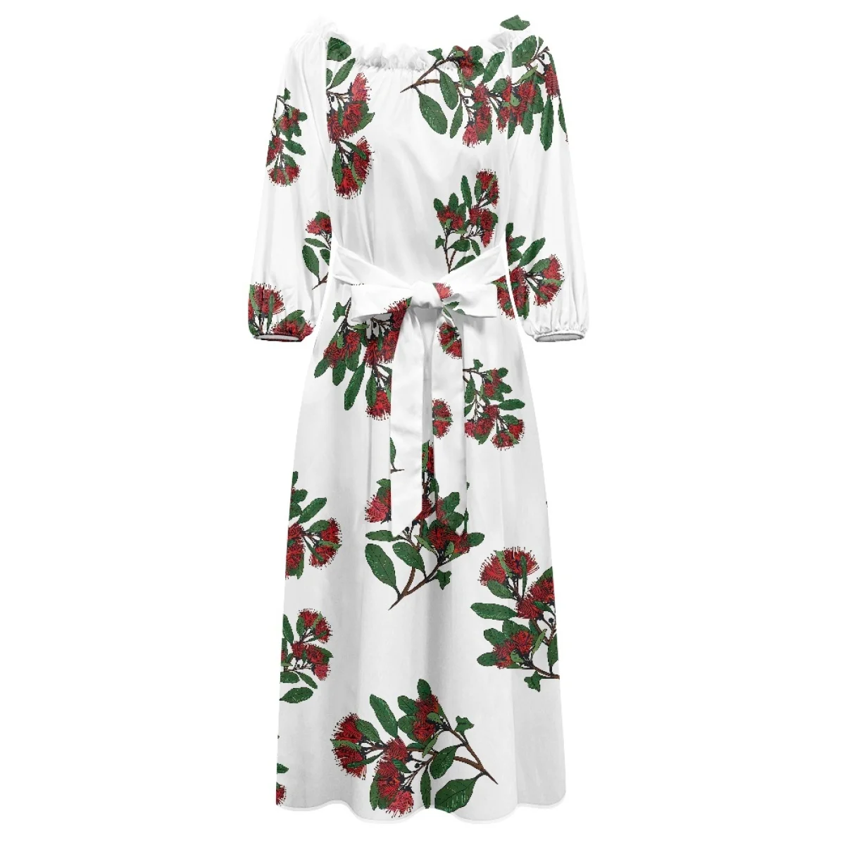 Custom Native Hawaiian Tribe Ohia Lehua Print Casual Dress Sublimation Hawaii Lehua Flower Dress Women Casual One-shoulder Dress