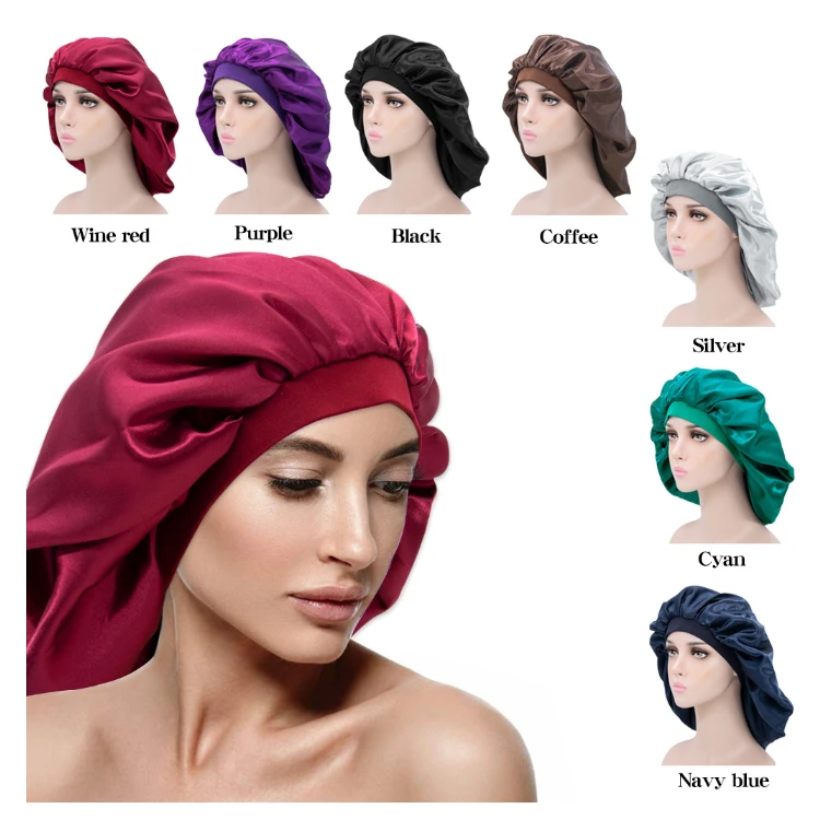 GIRLIZE Solid Color Extra Large Silk Satin Bonnet Elastic Sleep Cap Shower Cap Night Cap Beauty Hair Care Bonnet For Women