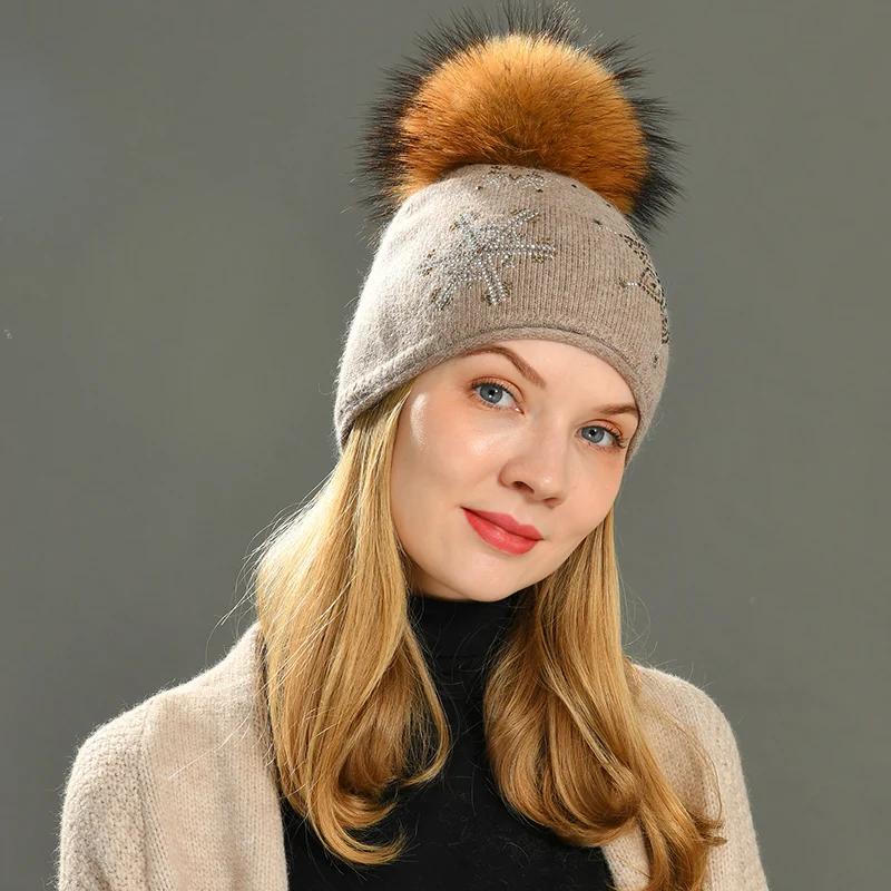 2023 Winter Hat for Women Ladies Wool Knit Hat Detachable Pom Pom Thick Warm Double Layer Cashmere Snowflake Tight Knit Beanie