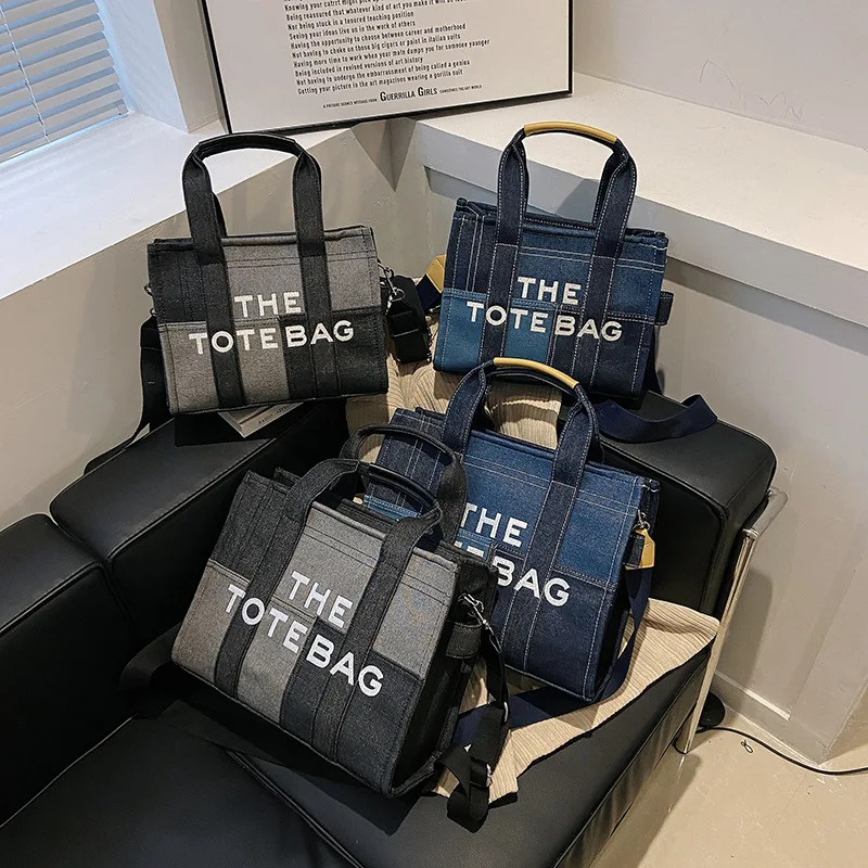 M2520 Custom Logo Wholesale Splice Denim Handbag Adjustable Shoulder Strap Crossbody Bag Canvas Tote Bags with Zip Pocket Women