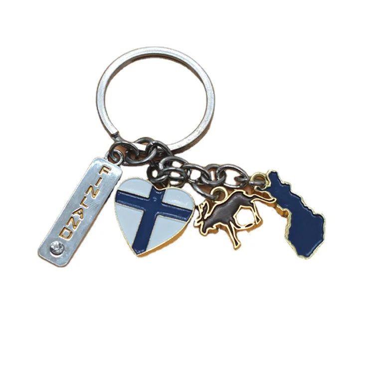 Custom logo metal zinc alloy keyring deer flag finland souvenir keychain