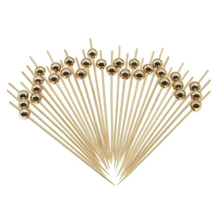 Party Food Supplies 4.7 Inch Toothpicks Bamboo Cocktail Picks Gold Pearl