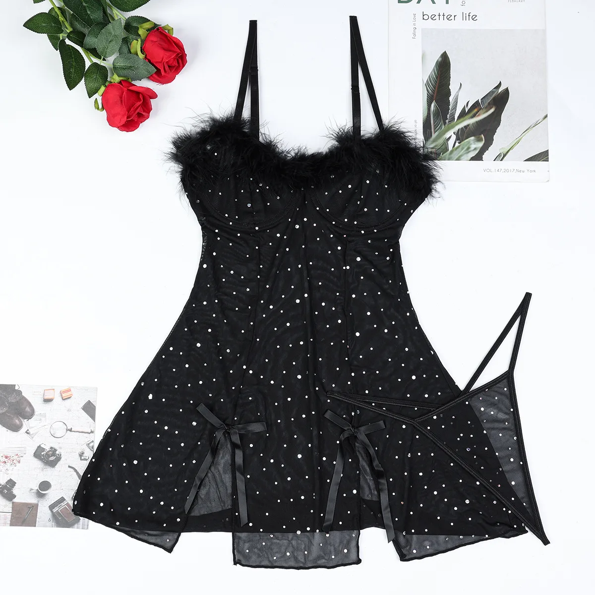 Customized New Rhinestone Sparkling Crystal Feather Splicing See-Through Mesh Elastic Slit Dress 2pcs Lingerie Femme