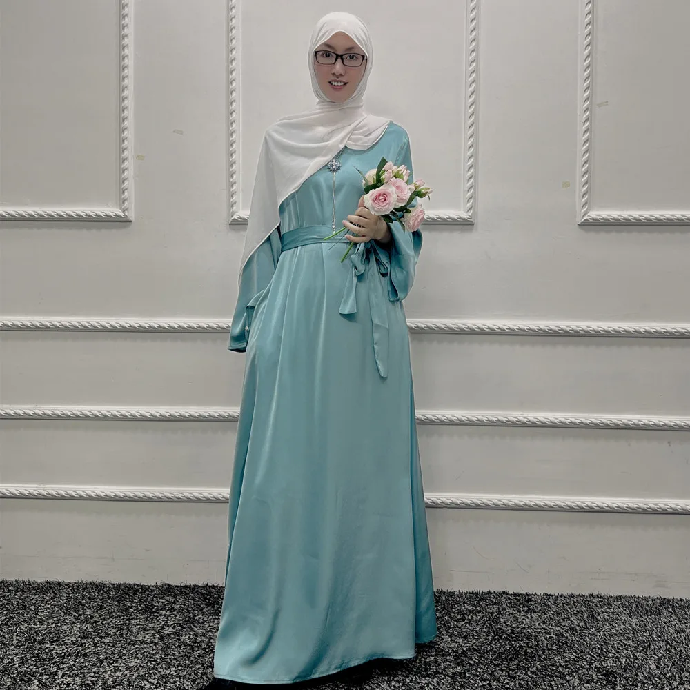 Traditional Muslim Clothing Solid Color Dubai Abaya Modest Dresses For Islamic Women crew neck abaya kaftan dress