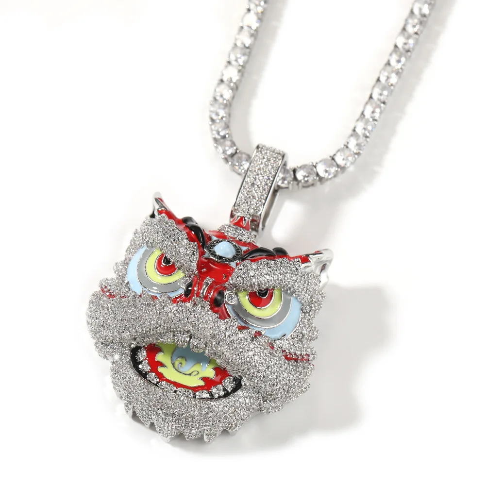 Chinese Traditional Cultural Beast Dancing Lion Head Character Pendant Iced Out CZ Colorful Enamel Charms Fashion Jewelry