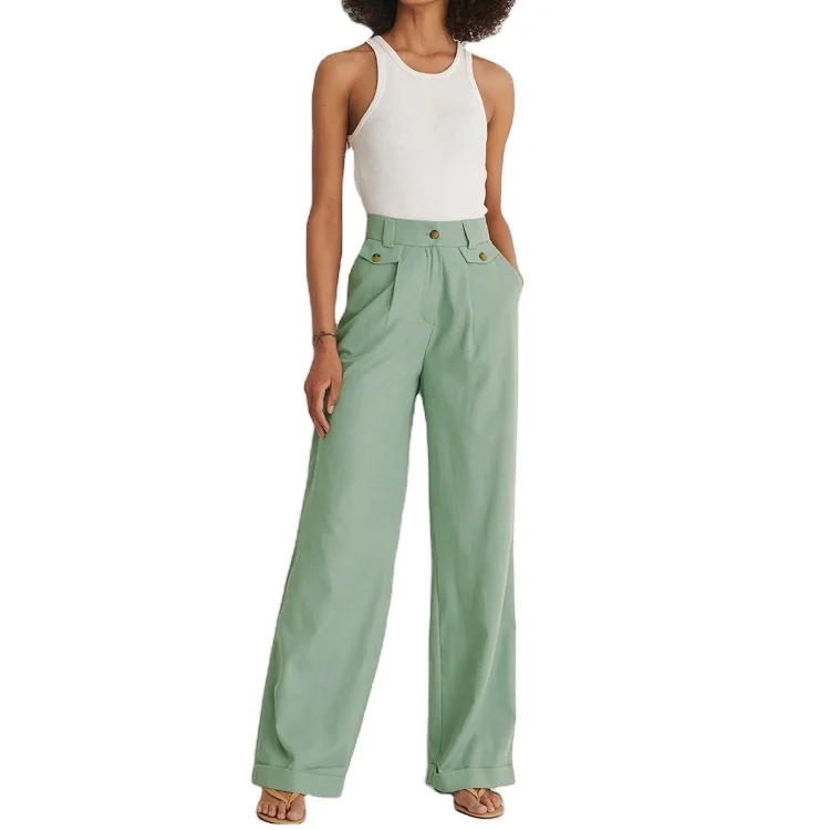 OEM Design Flare Trousers New In Custom High Waist Pockets Casual Street Wear Polyester Wide Leg Pants For Women