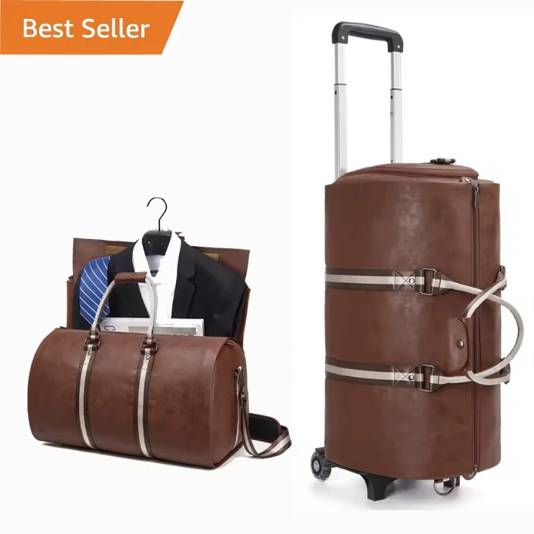 Rolling Garment Duffel Bag with Wheels 50L Capacity PU Leather Wheeled Travel Duffel Bag with Roller