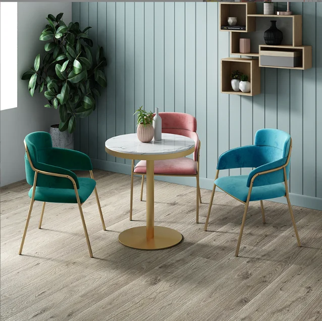 Metal Silver Legs Elegant Soft Armchair Nordic Living Room Restaurant Arm Chair 4 Set Beige blue Fabric Velvet Modern Dining