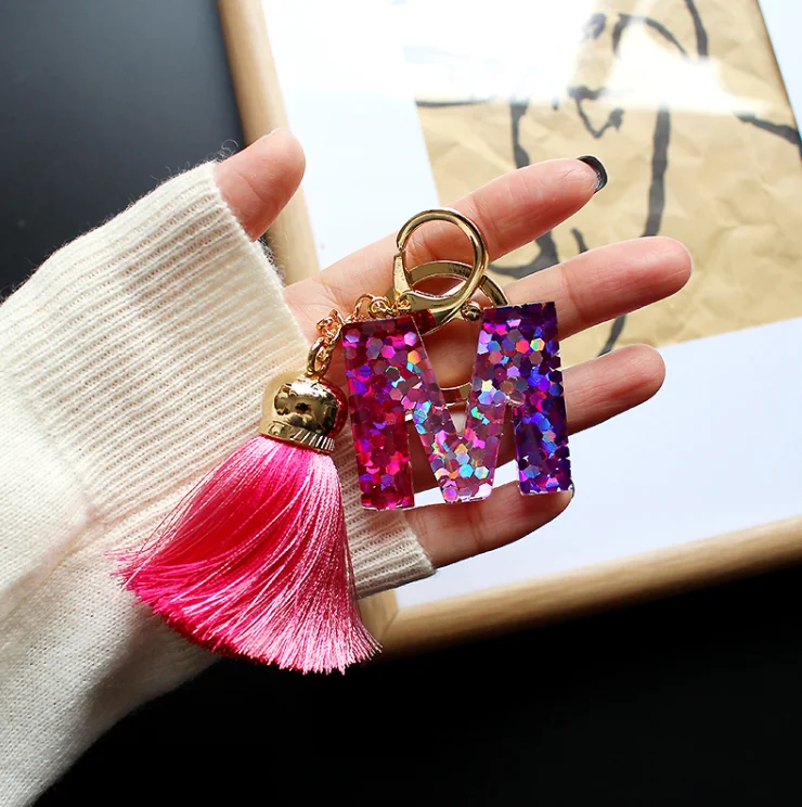 gradient Sequin tassel 26 letters resin keychain, Acrylic 26 capitals alphabet Initial glitter bag charm pendant car keyring,