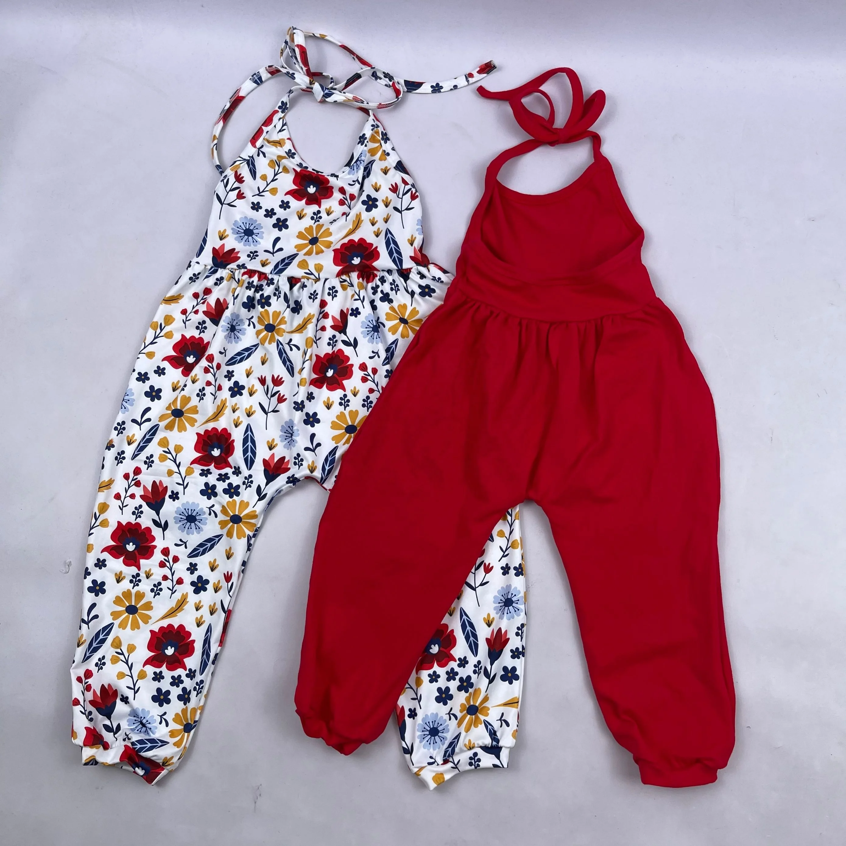 
Kids summer girls sleeveless tie back lace up fruit floral jumpsuit romper 