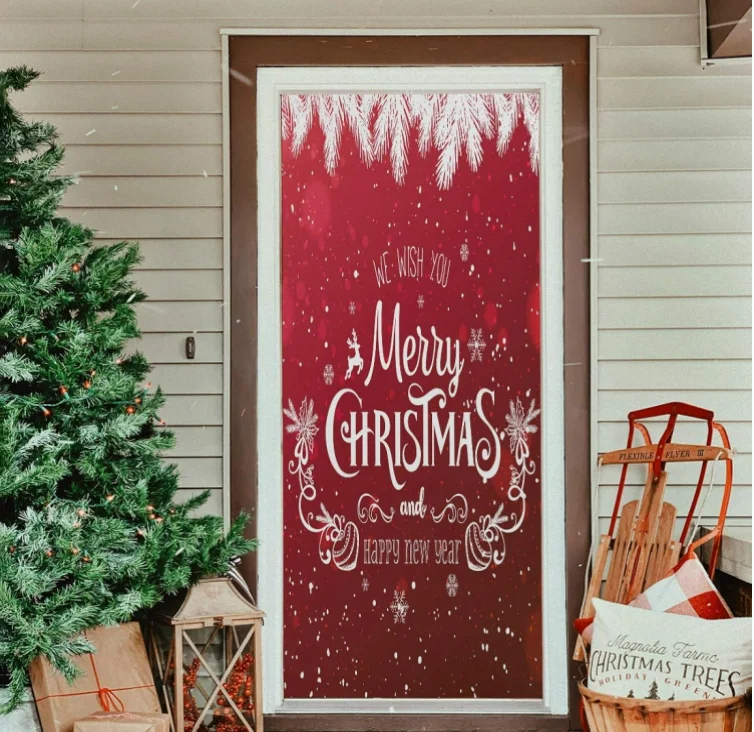 Customized Printing 35 x 79 Inch Washable Elastic Fabric Christmas Door Cover For Festival Decoration